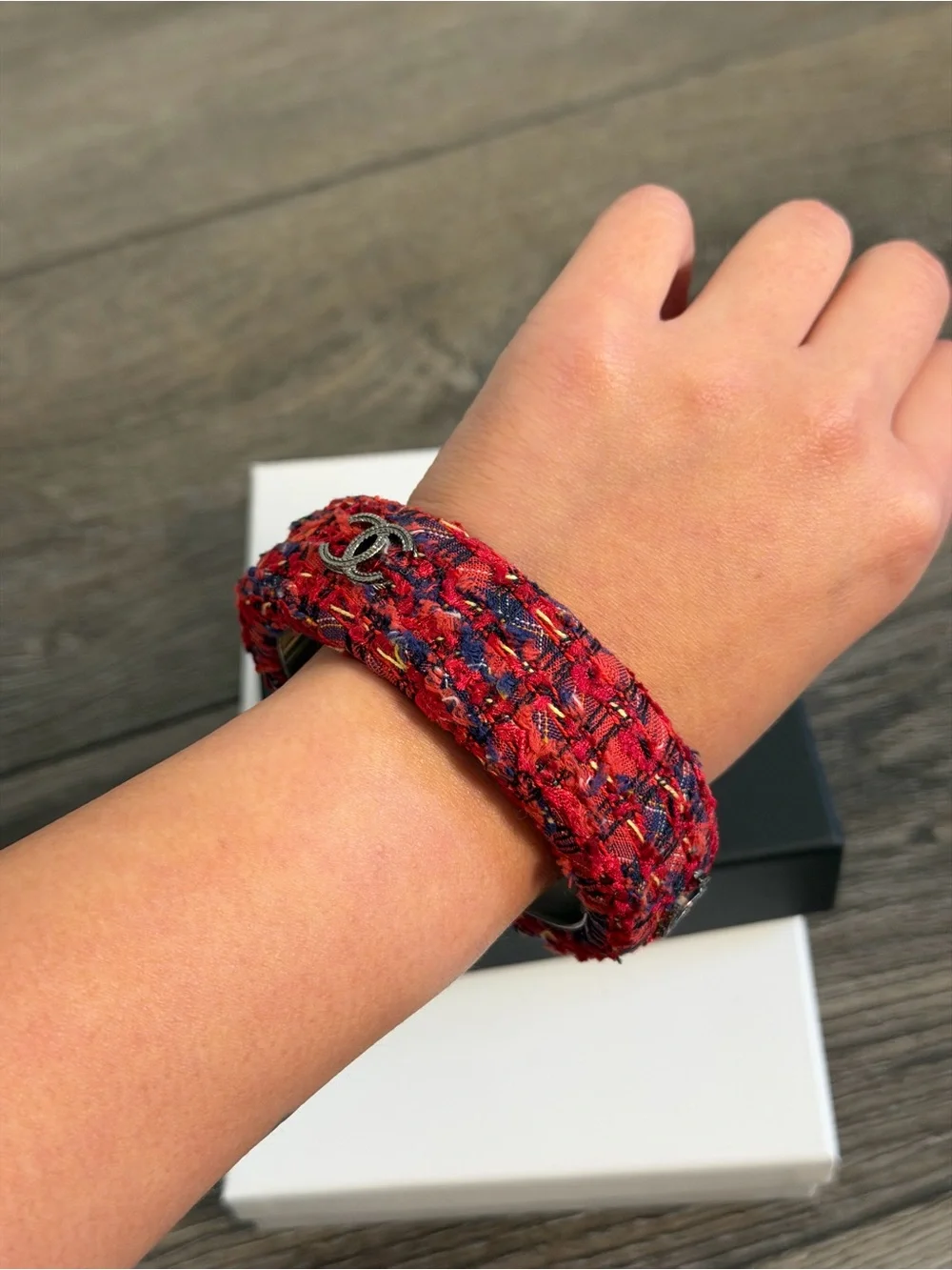 CHANEL Red Tweed CC Logo Bangle Bracelet